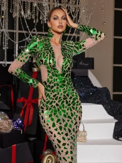 Livine Acrylic Embellished Mesh Maxi Dress