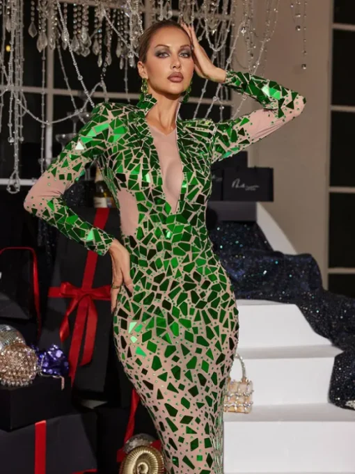 Livine Acrylic Embellished Mesh Maxi Dress