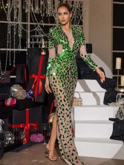 Livine Acrylic Embellished Mesh Maxi Dress