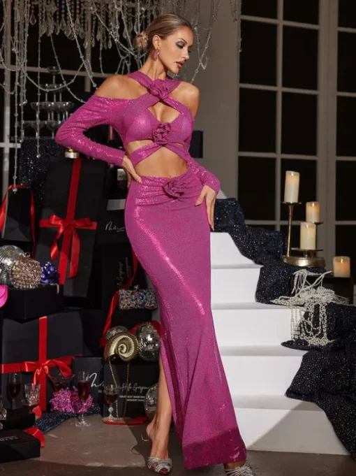 Lowen Flower Cutout Sequin Maxi Dress In Hot Pink