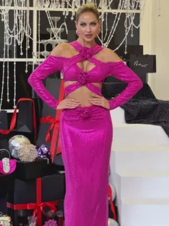 Lowen Flower Cutout Sequin Maxi Dress In Hot Pink