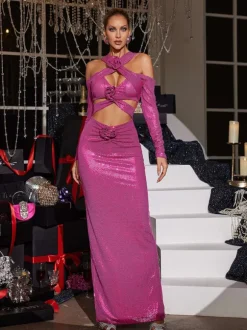 Lowen Flower Cutout Sequin Maxi Dress In Hot Pink