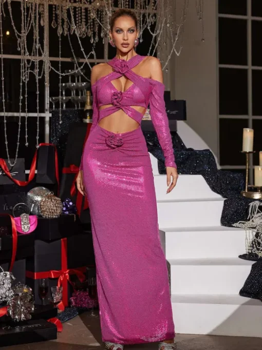 Lowen Flower Cutout Sequin Maxi Dress In Hot Pink