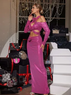 Lowen Flower Cutout Sequin Maxi Dress In Hot Pink