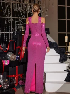 Lowen Flower Cutout Sequin Maxi Dress In Hot Pink