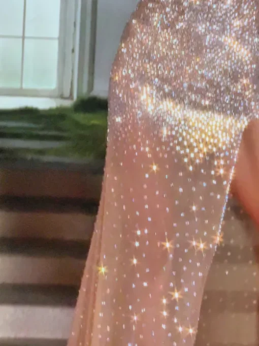 Luxara Long Sleeve Rhinestone Split Mesh Maxi Dress