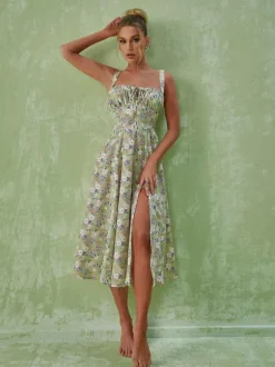 Maire Floral Split Midi Dress In Green
