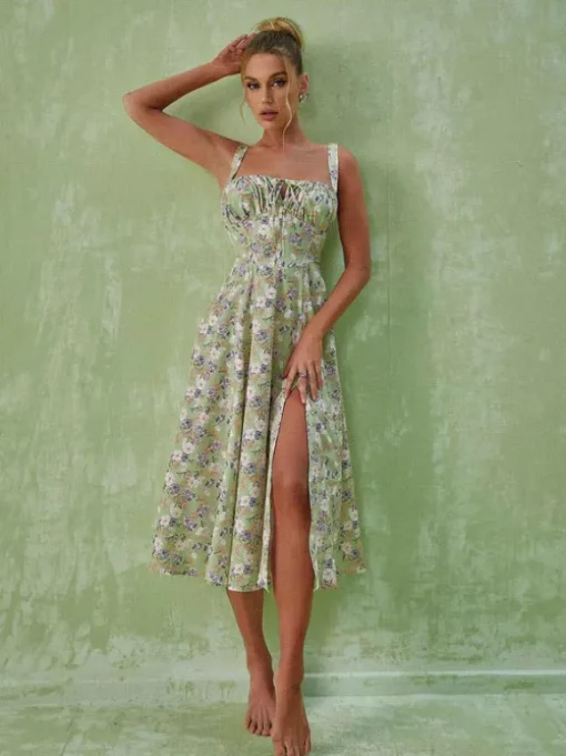 Maire Floral Split Midi Dress In Green