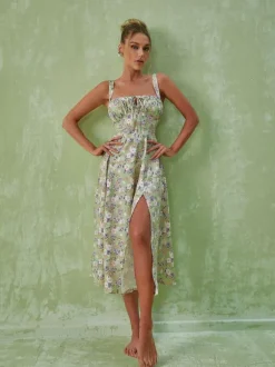 Maire Floral Split Midi Dress In Green