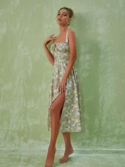 Maire Floral Split Midi Dress In Green
