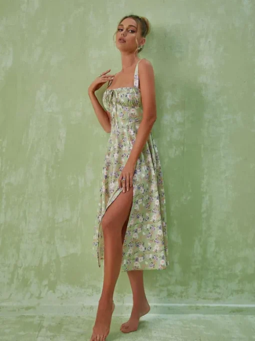 Maire Floral Split Midi Dress In Green
