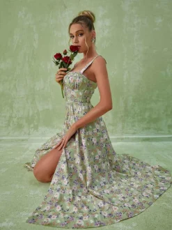 Maire Floral Split Midi Dress In Green