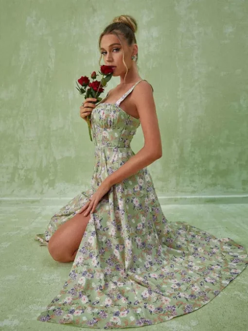 Maire Floral Split Midi Dress In Green