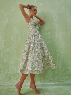 Maire Floral Split Midi Dress In Green