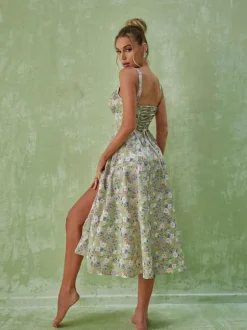 Maire Floral Split Midi Dress In Green