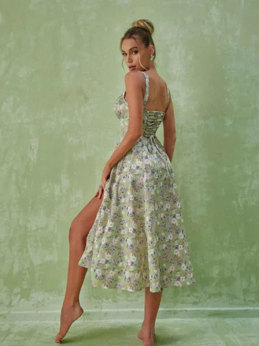 Maire Floral Split Midi Dress In Green