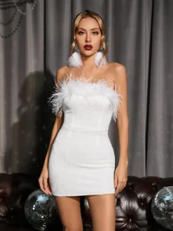 Marin Strapless Feather Sequin Mini Dress In White