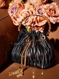 Mattea Leather Sequin Bucket Bag In Black