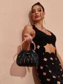 Mattea Leather Sequin Bucket Bag In Black
