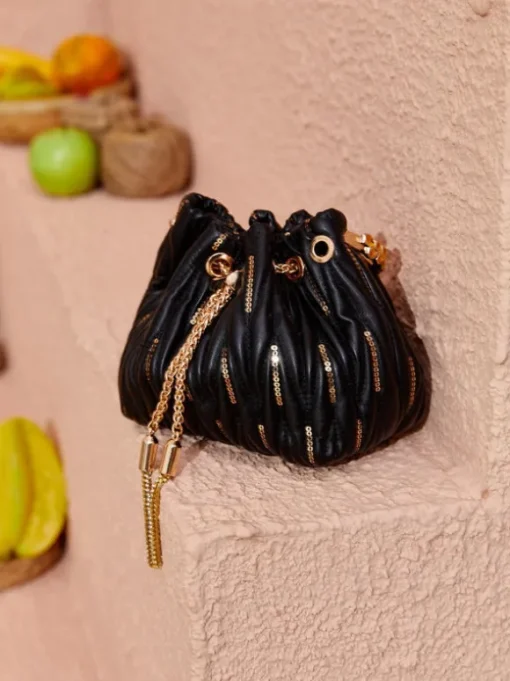 Mattea Leather Sequin Bucket Bag In Black