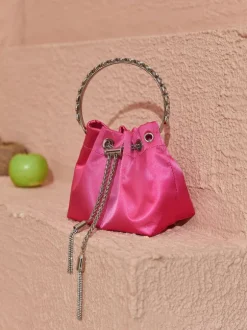Mattea Satin Crystal Embellished Bucket Bag In Hot Pink