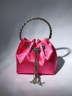 Mattea Satin Crystal Embellished Bucket Bag In Hot Pink