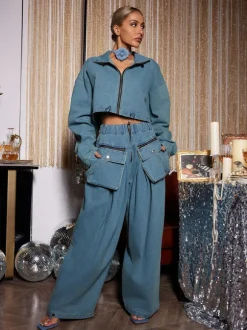 Maudie Pocket Wide Denim Pants Set