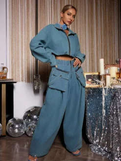 Maudie Pocket Wide Denim Pants Set
