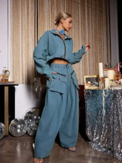 Maudie Pocket Wide Denim Pants Set