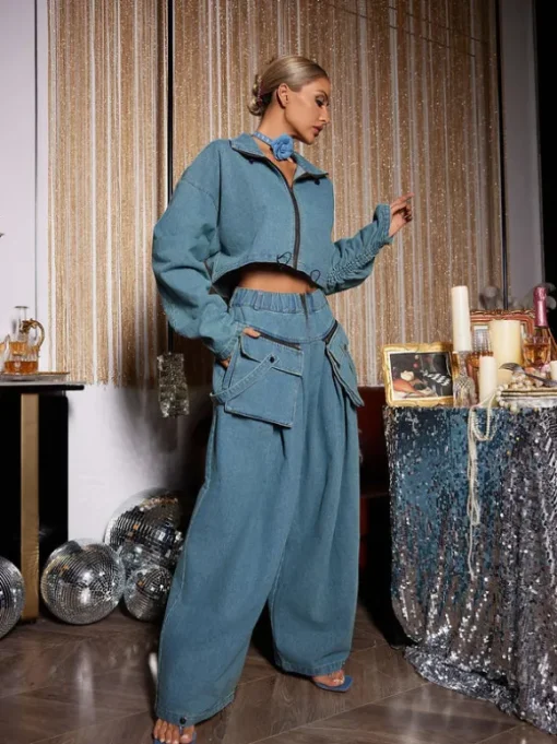Maudie Pocket Wide Denim Pants Set