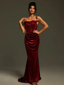 Mckay Spaghetti Flower Velvet Maxi Dress