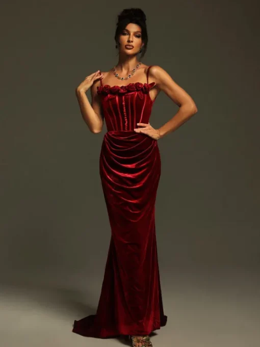Mckay Spaghetti Flower Velvet Maxi Dress