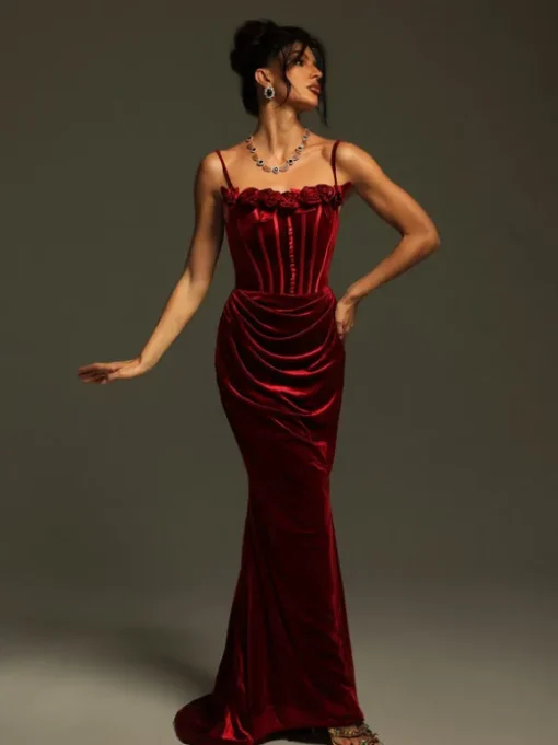 Mckay Spaghetti Flower Velvet Maxi Dress