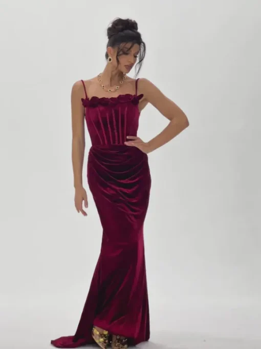 Mckay Spaghetti Flower Velvet Maxi Dress