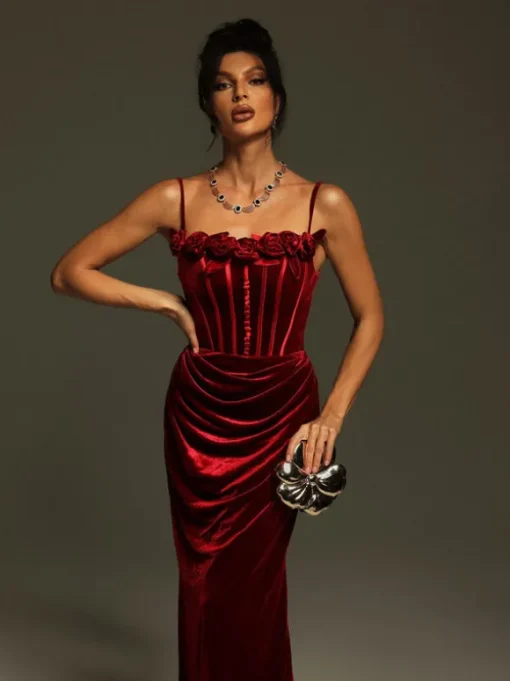 Mckay Spaghetti Flower Velvet Maxi Dress