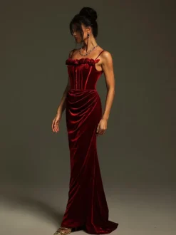 Mckay Spaghetti Flower Velvet Maxi Dress