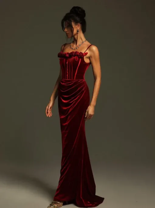 Mckay Spaghetti Flower Velvet Maxi Dress
