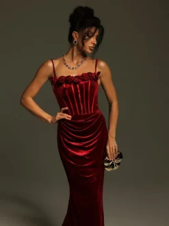 Mckay Spaghetti Flower Velvet Maxi Dress