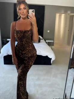 Melany Leopard Print Spaghetti Maxi Dress