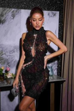 Midori Sleeveless Flower Rhinestone Mini Dress In Brown