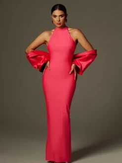 Milada Bow Bandage Split Dress In Pink