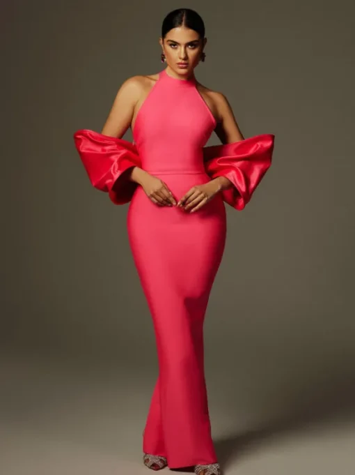 Milada Bow Bandage Split Dress In Pink