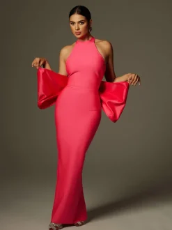 Milada Bow Bandage Split Dress In Pink