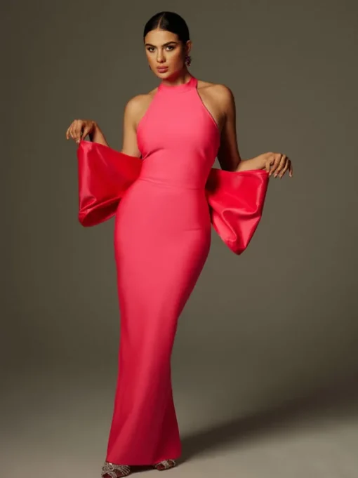 Milada Bow Bandage Split Dress In Pink