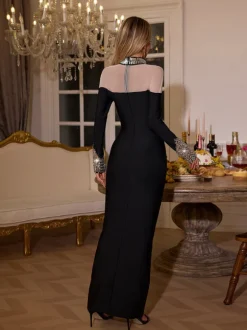 Miloni Long Sleeve Rhinestone Bandage Dress