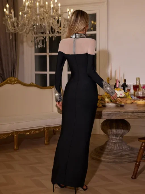 Miloni Long Sleeve Rhinestone Bandage Dress
