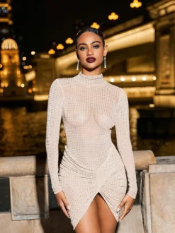 Milton Long Sleeve Rhinestone Ruched Mini Dress
