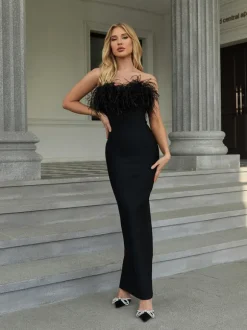 Mina Strapless Feather Trimmed Bandage Dress