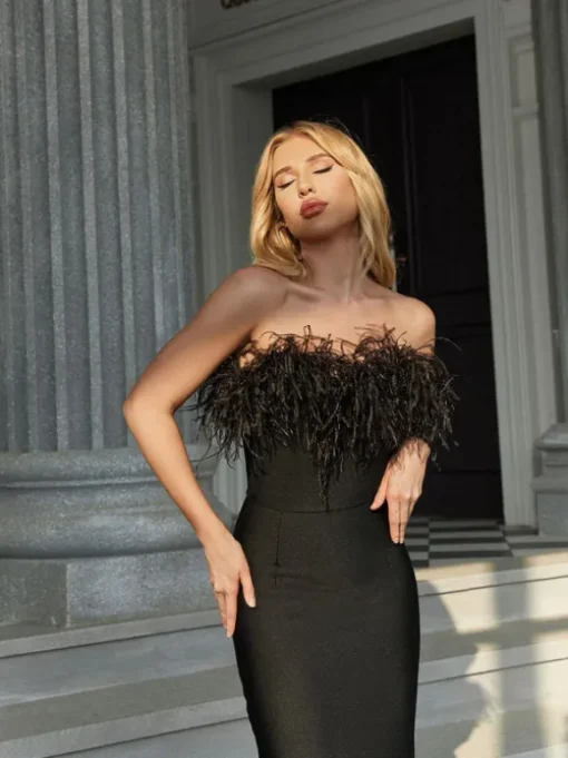 Mina Strapless Feather Trimmed Bandage Dress