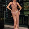 Miracle Open Back Crystal Chain Split Maxi Dress